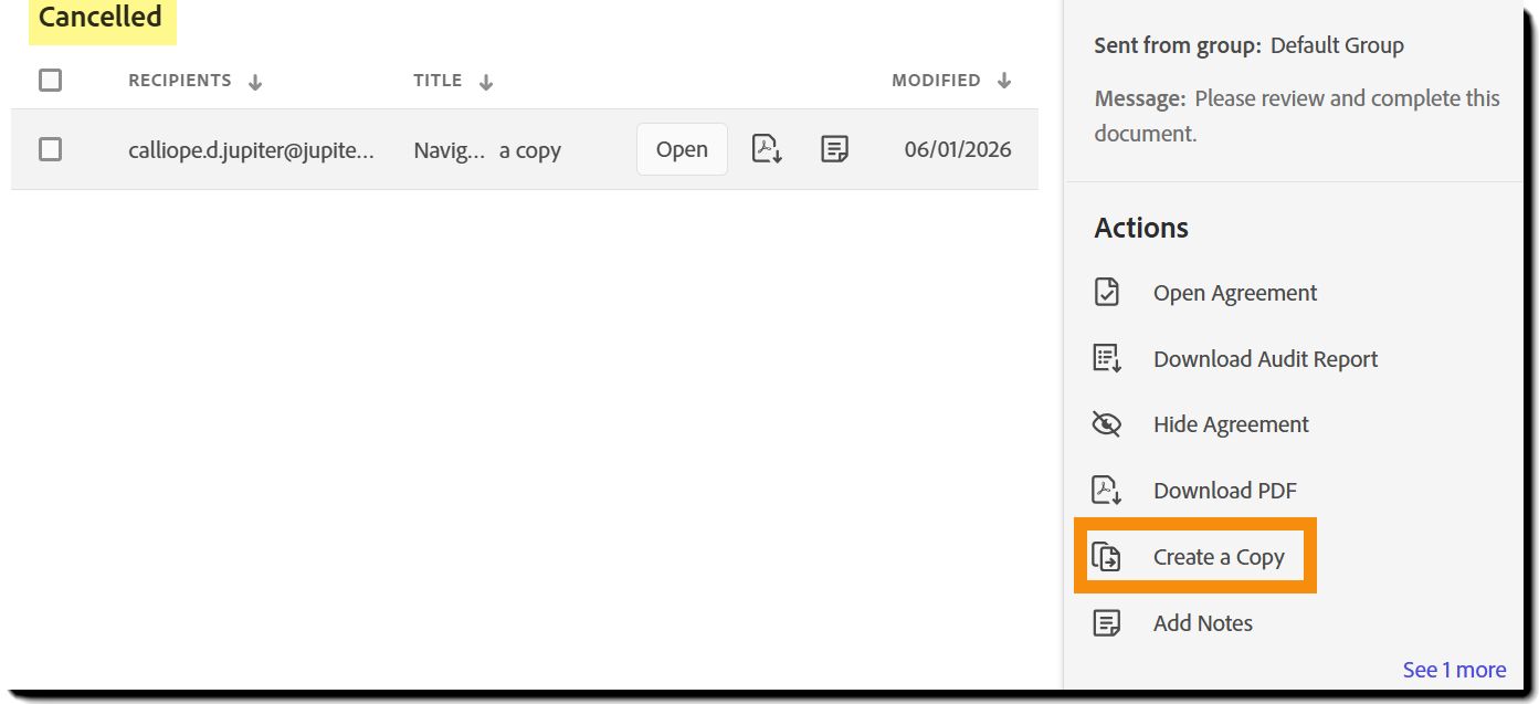 「管理」頁面顯示已取消合約的動作，並強調顯示「建立副本」動作