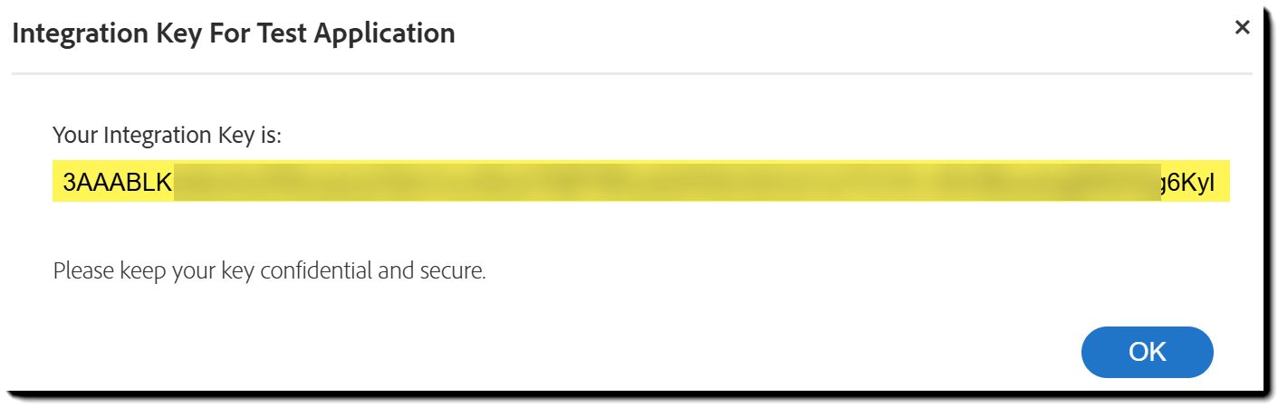 Diálogo de clave de integración que muestra el valor completo de la clave listo para ser copiado.  Estos evitan la información innecesaria, describen lo que importa y ayudan a los usuarios de lectores de pantalla a entender el estado y la acción.