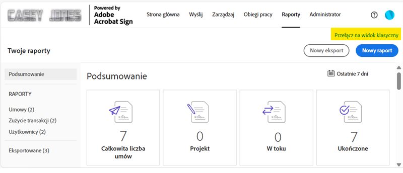 Strona raportów z podświetlonym łączem przełącznika do środowiska klasycznego