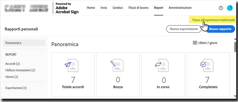 La pagina Report con il collegamento per passare all’ambiente classico evidenziato