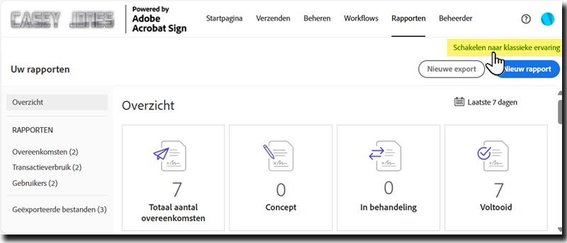 De pagina Rapporten met de schakelkoppeling naar de klassieke omgeving