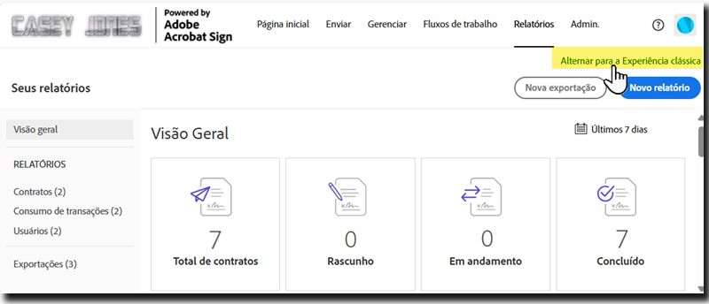 A página Relatórios destacando o link de alternância para o ambiente clássico