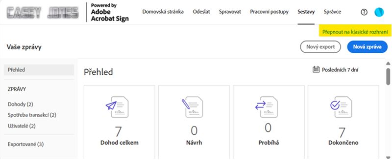Stránka Sestavy se zvýrazněným odkazem pro přepnutí do klasického prostředí