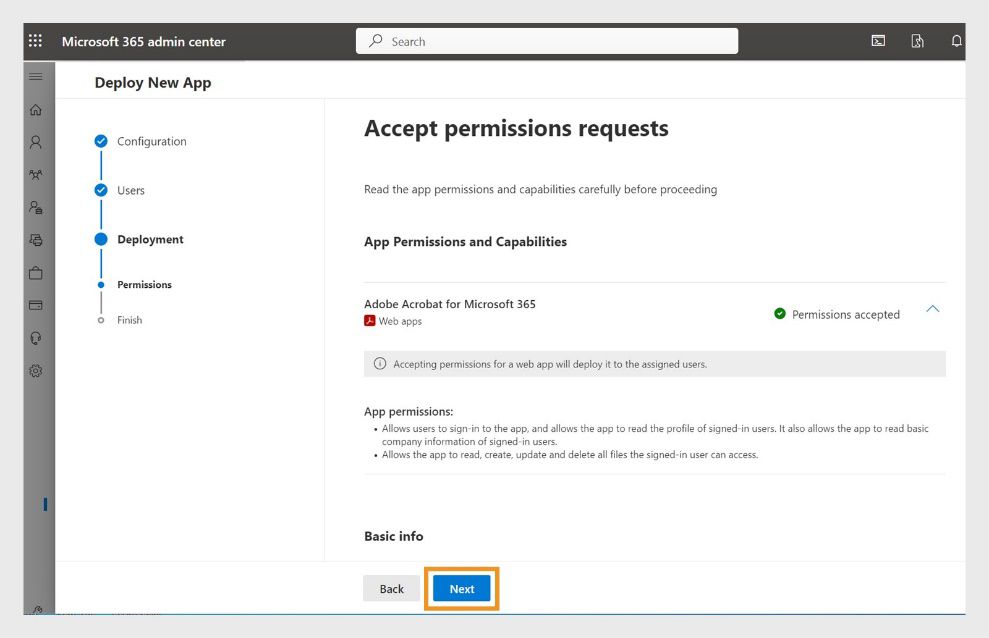 Nagpapakita ang Accept permissions requests page ng berdeng checkmark sa tabi ng Permissions accepted. Naka-highlight ang button na Next.