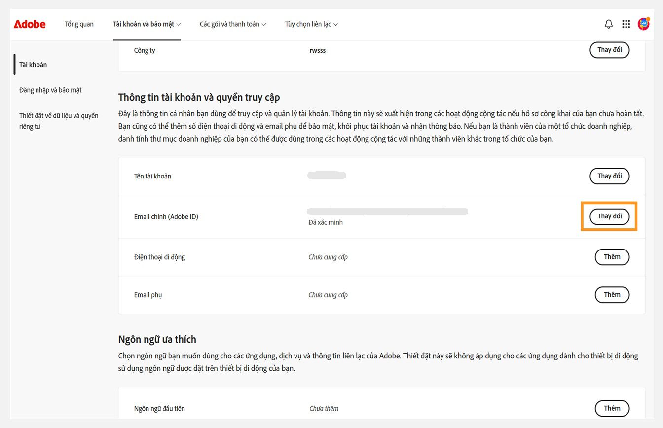 Tab Tài khoản và bảo mật, nơi nút Thay đổi cho Email chính (Adobe ID) được làm nổi bật trong phần Thông tin tài khoản và quyền truy cập.