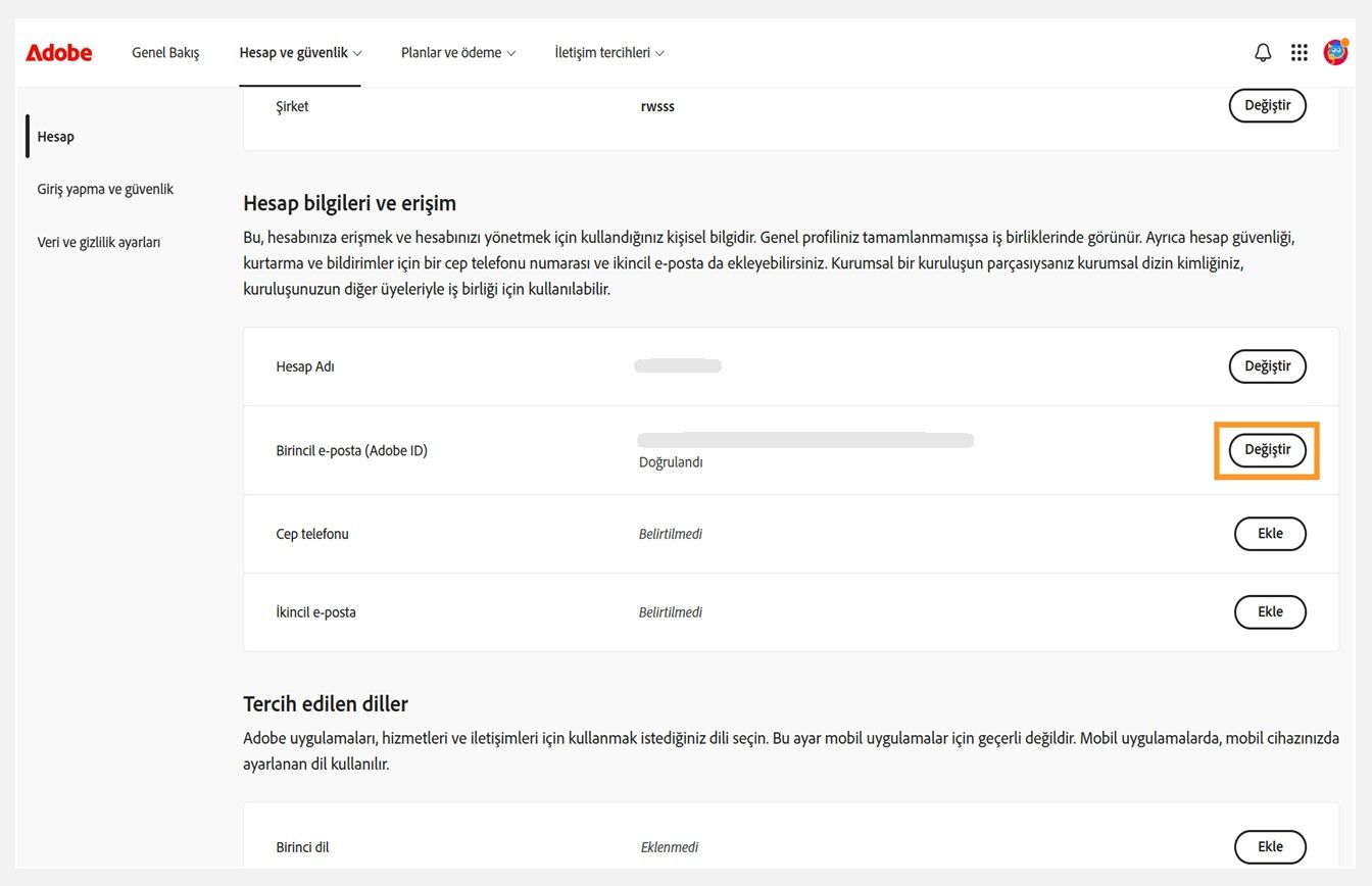 Hesap bilgileri ve erişim altında Birincil e-posta (Adobe ID) için Değiştir düğmesinin vurgulandığı Hesap ve güvenlik sekmesi.