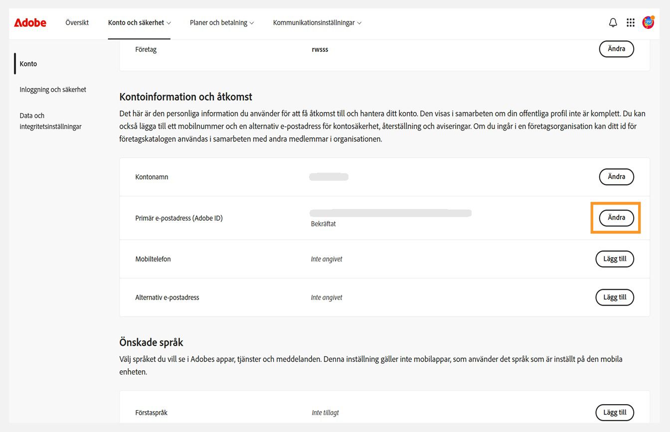 Fliken Konto och säkerhet, där knappen Ändra för Primär e-postadress (Adobe ID) är markerad under Kontoinformation och åtkomst.