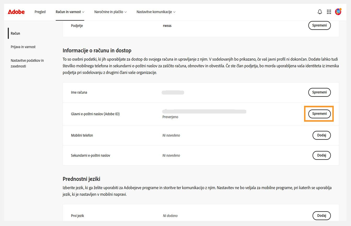 Zavihek Račun in varnost, kjer je pod razdelkom Podatki o računu in dostop označen gumb Spremeni za Glavni e-poštni naslov (Adobe ID).