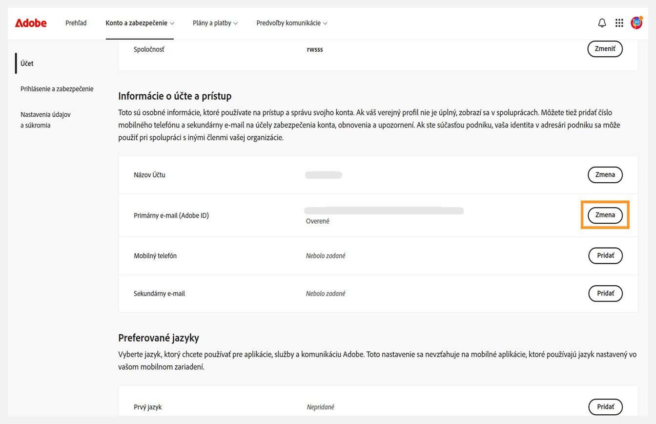 Karta Konto a zabezpečenie so zvýrazneným tlačidlom Zmeniť pri položke Primárny e-mail (Adobe ID) v časti Informácie o konte a prístup.
