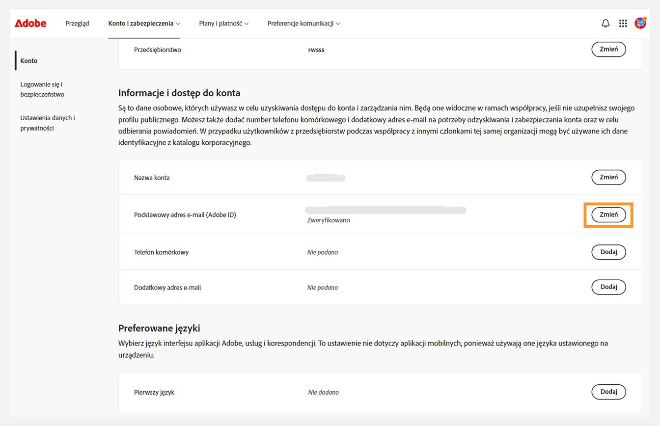 Karta Konto i bezpieczeństwo, gdzie przycisk Zmień dla głównego adresu e-mail (Adobe ID) jest wyróżniony w sekcji Informacje o koncie i dostęp.