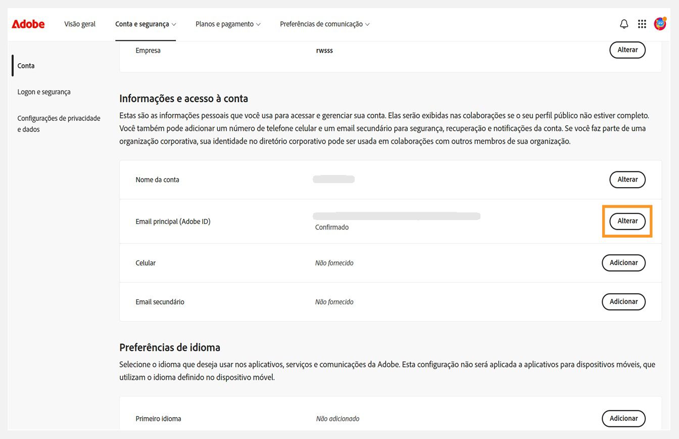 A guia Conta e segurança, em que o botão Alterar de E-mail principal (Adobe ID) está destacado em Informações e acesso da conta.