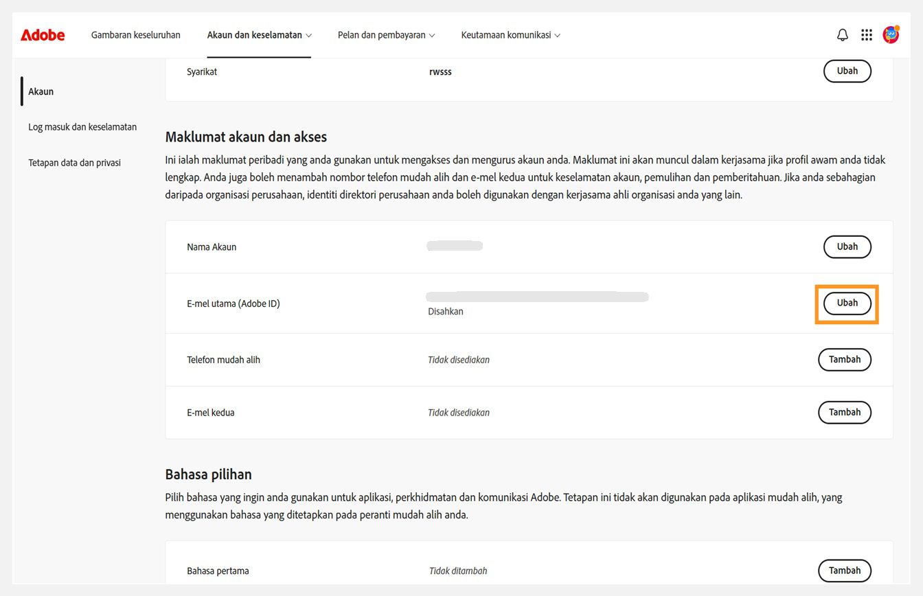 Tab Akaun dan keselamatan, dengan butang Tukar untuk E-mel utama (Adobe ID) diserlahkan di bawah Maklumat akaun dan akses.