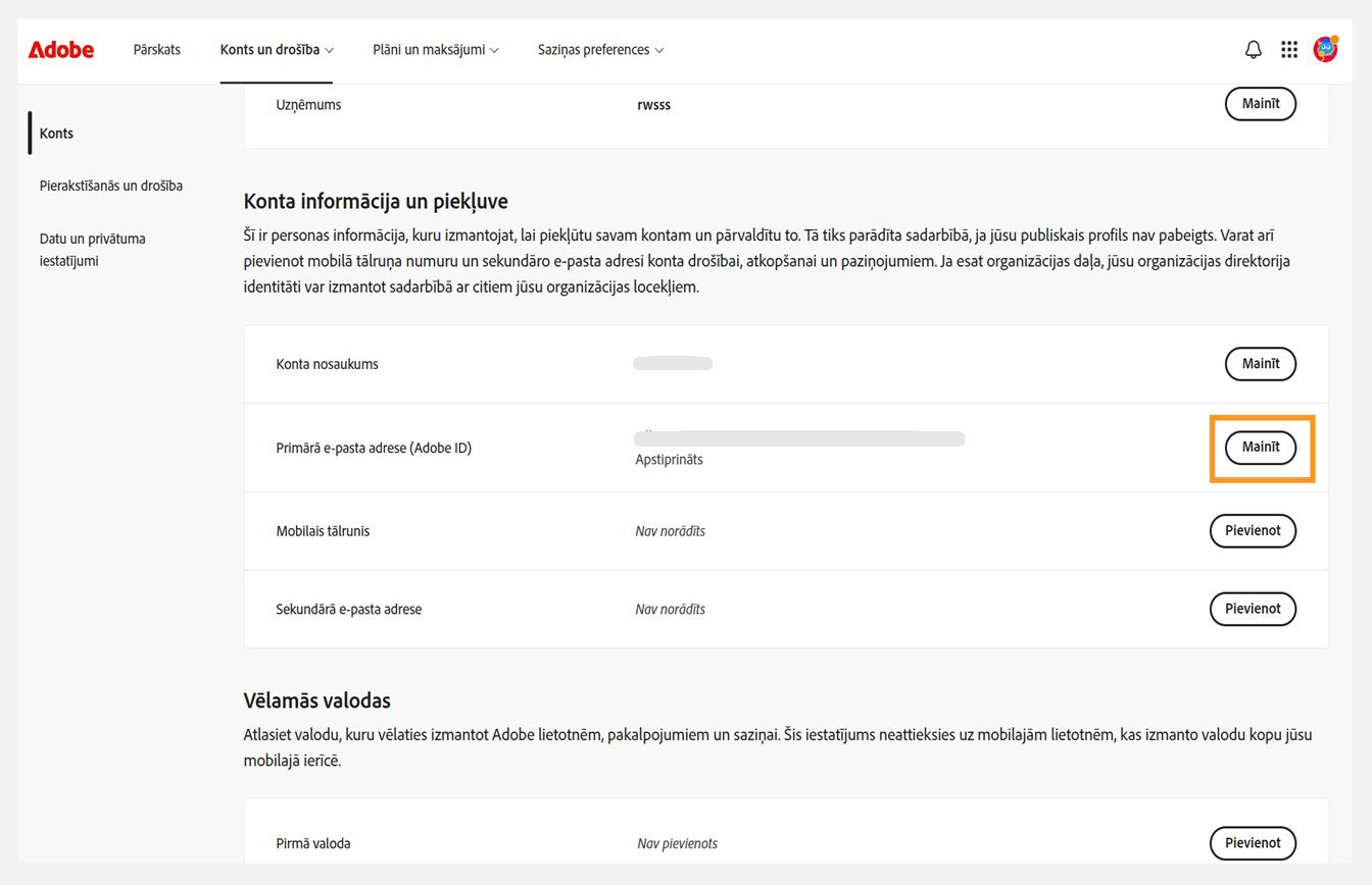Cilne Konts un drošība, kurā zem Konta informācija un piekļuve galvenajam e-pastam (Adobe ID) ir izcelta poga Mainīt.