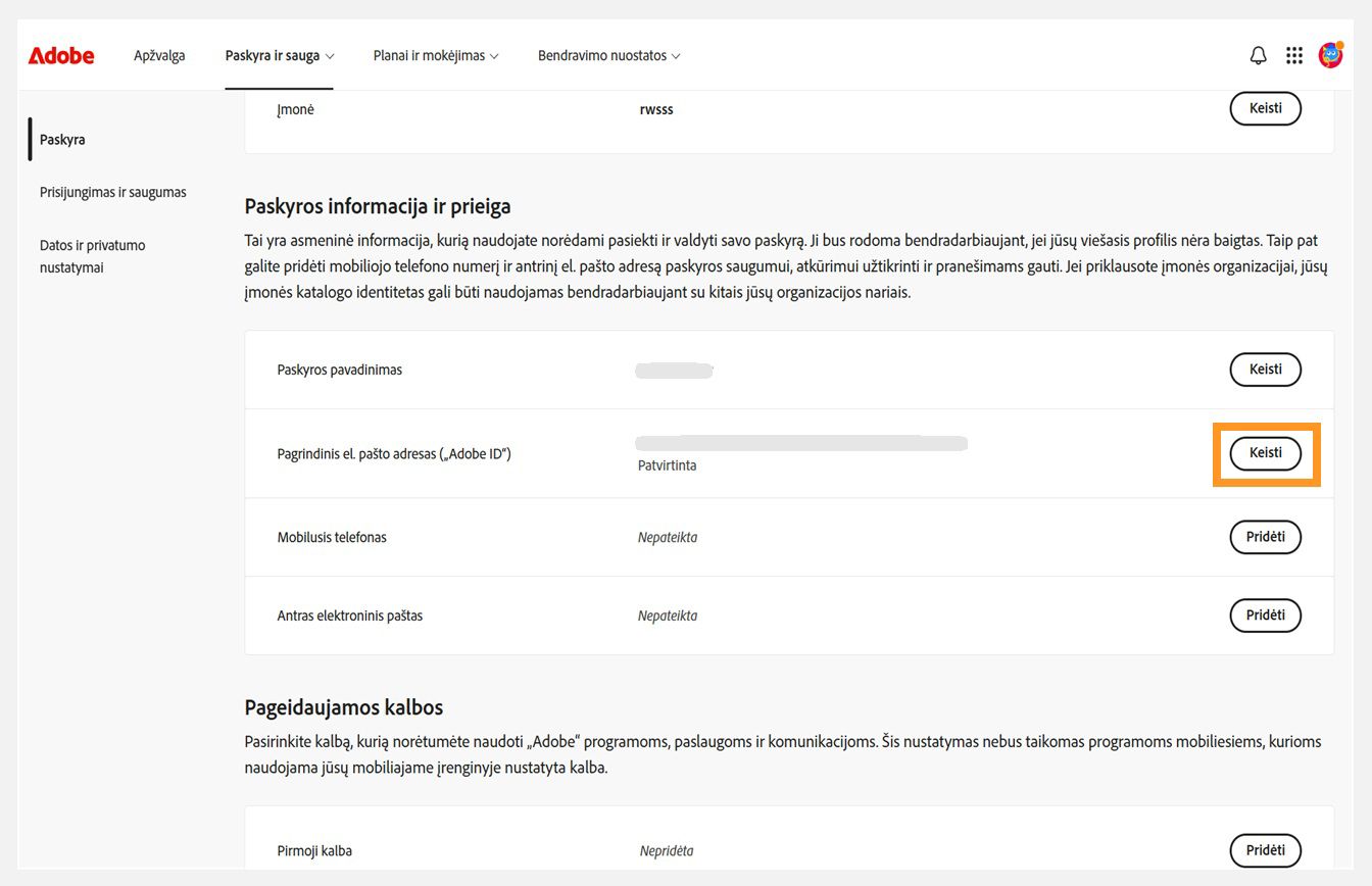 Skirtukas „Paskyra ir saugumas“, kuriame paryškintas mygtukas „Keisti“, skirtas pagrindiniam el. pašto adresui („Adobe ID“), esantis skiltyje „Paskyros informacija ir prieiga“.