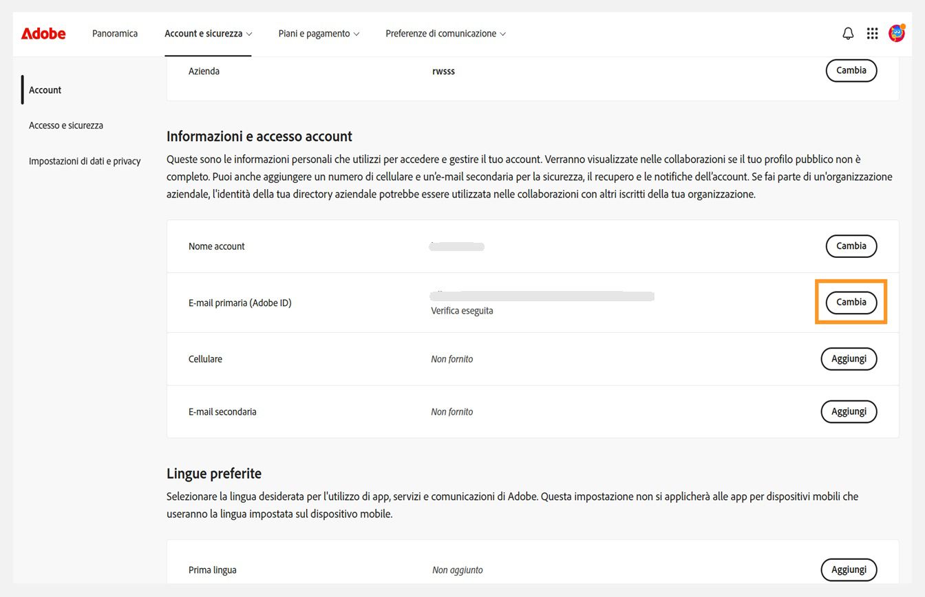 La scheda Account e sicurezza, dove il pulsante Modifica per E-mail primaria (Adobe ID) è evidenziato sotto Informazioni e accesso account.