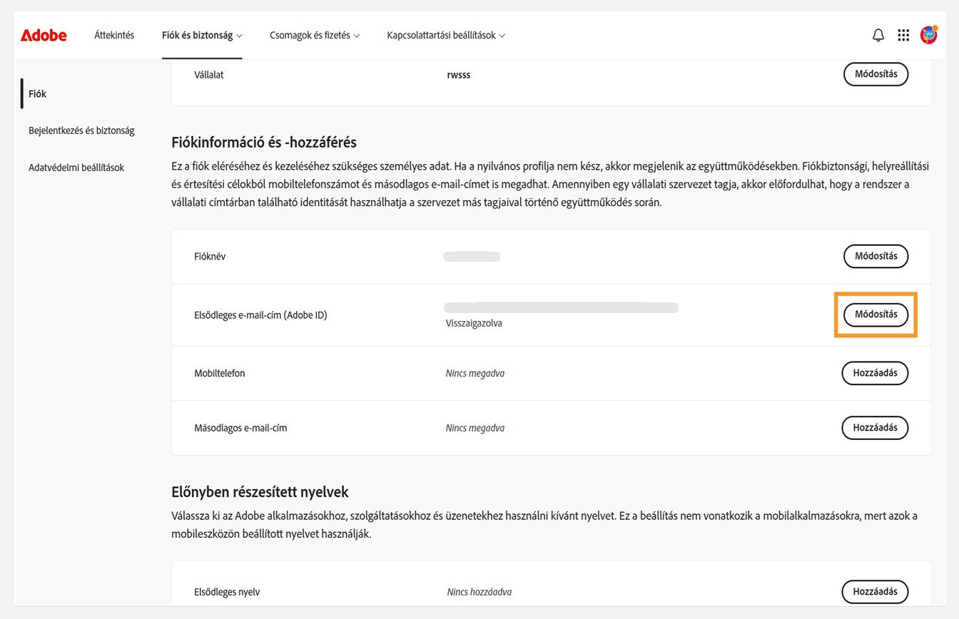 A Fiók és biztonság lap, ahol a Fő e-mail (Adobe ID) Módosítás gombja ki van emelve a Fiókinformációk és hozzáférés alatt.