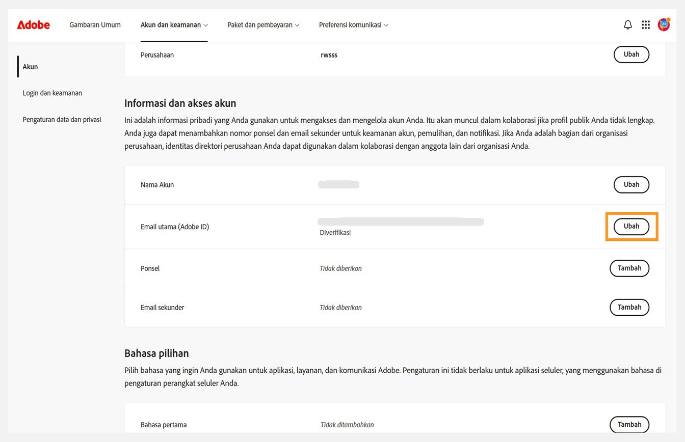 Tab Akun dan keamanan, tempat tombol Ubah untuk Email utama (Adobe ID) disorot di bawah Informasi dan akses akun.