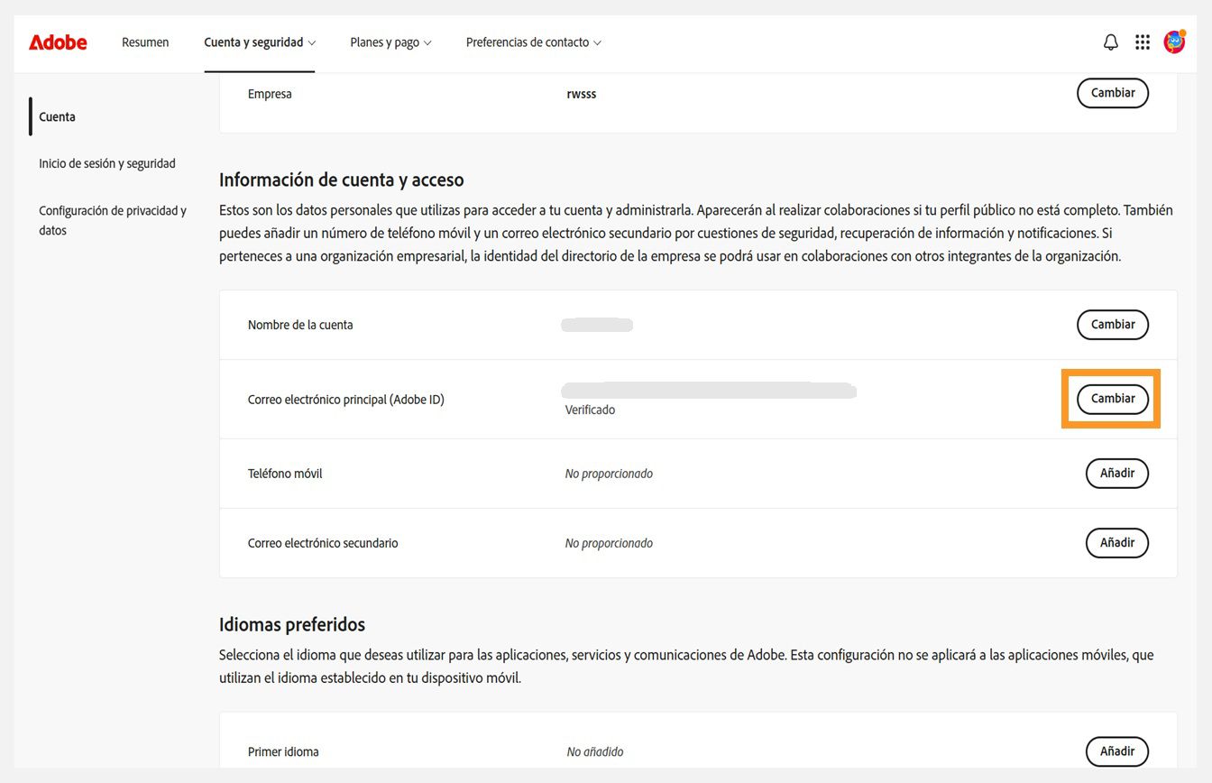 La pestaña Cuenta y seguridad, donde el botón Cambiar de Correo electrónico principal (ID de Adobe) está resaltado en Información de cuenta y acceso.