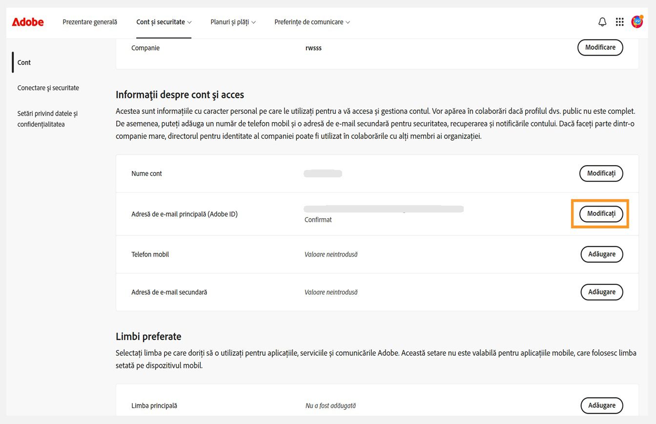 Fila Cont și securitate, în care butonul Modificare pentru Adresă principală de e-mail (Adobe ID) este evidențiat sub Informații despre cont și acces.
