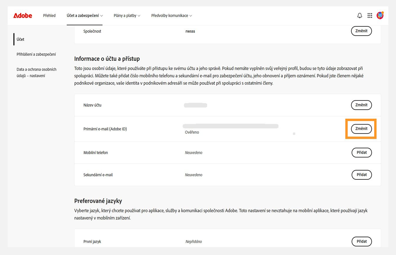 Karta Účet a zabezpečení, kde je zvýrazněno tlačítko Změnit pro Primární e-mail (Adobe ID) v části Informace o účtu a přístup.
