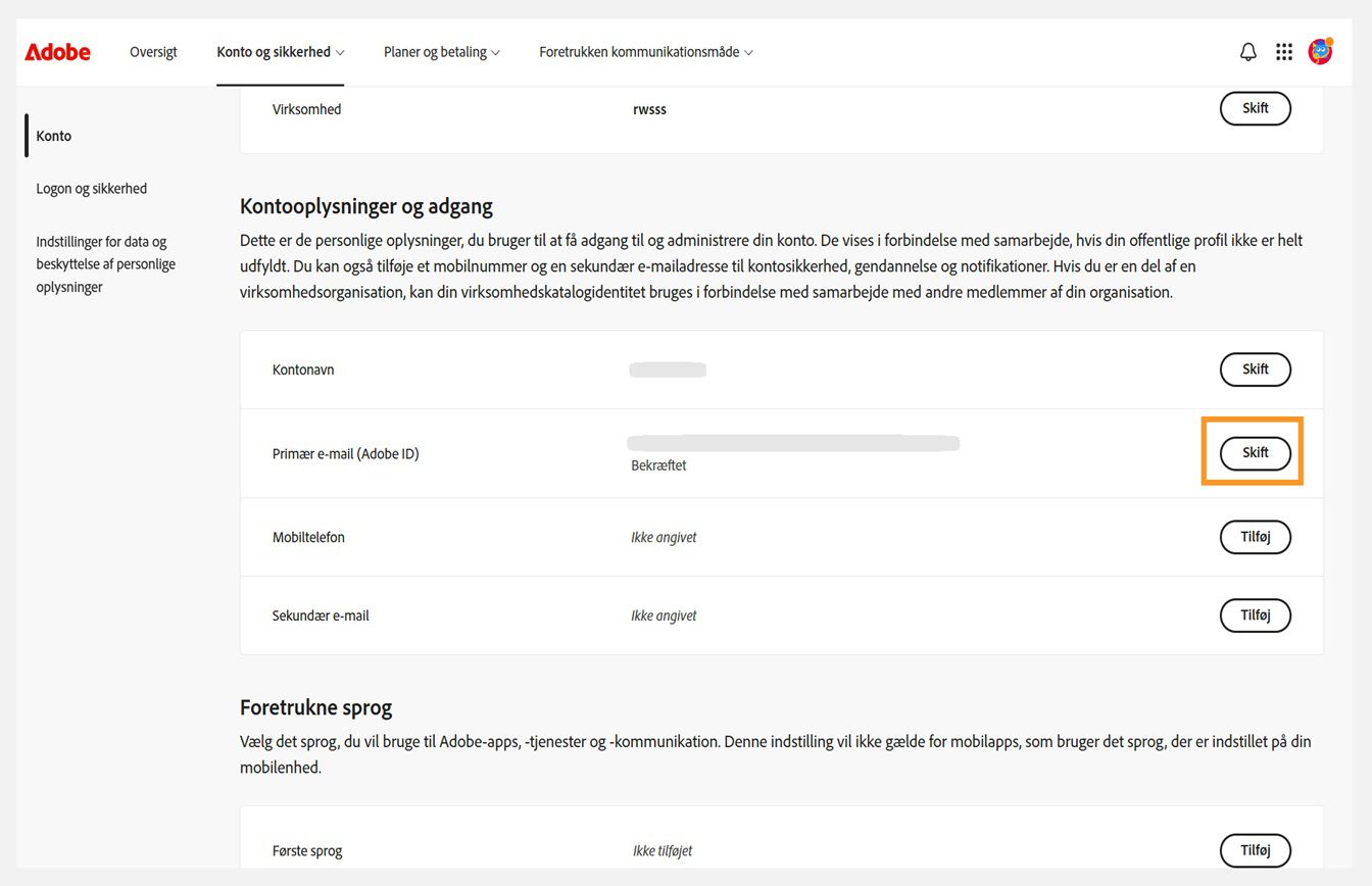 Fanen Konto og sikkerhed, hvor knappen Skift for Primær mail (Adobe ID) er fremhævet under Kontooplysninger og adgang.