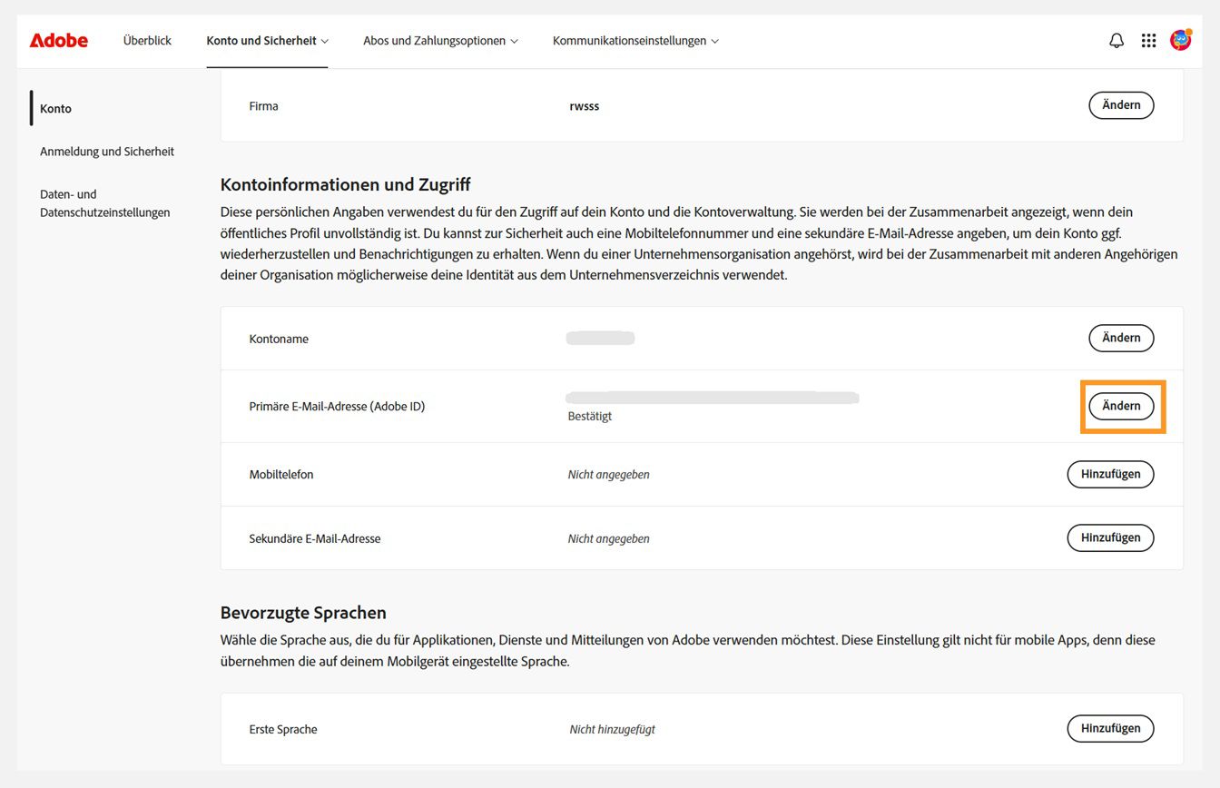 Auf der Registerkarte „Konto und Sicherheit“ ist die Schaltfläche „Ändern“ für die primäre E-Mail-Adresse (Adobe ID) unter „Kontoinformationen und Zugriff“ hervorgehoben.