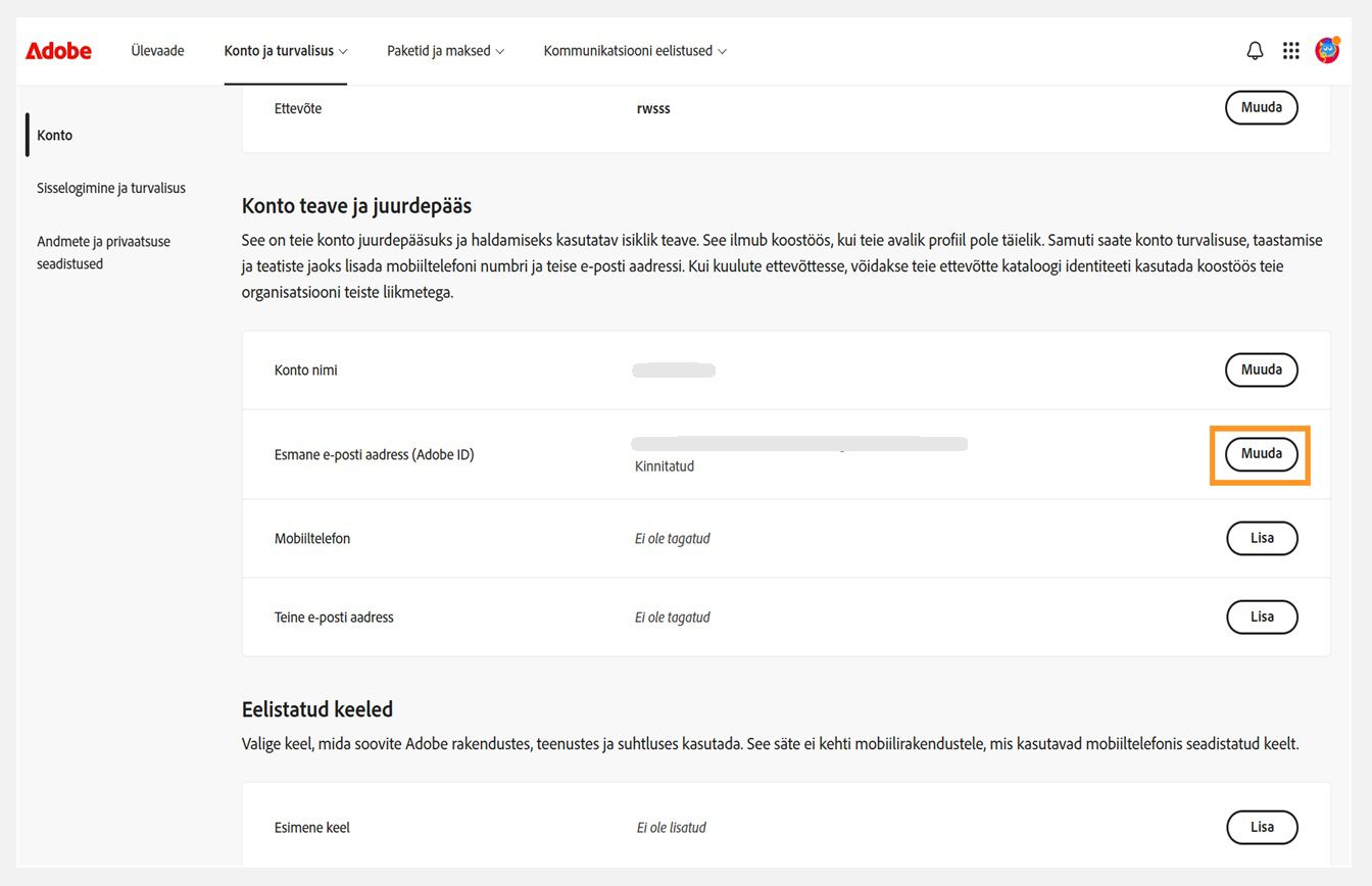 Vahekaart Konto ja turvalisus, kus on esiletõstetud nupp Muuda jaotises Konto teave ja juurdepääs kohas Esmane e-posti aadress (Adobe ID).