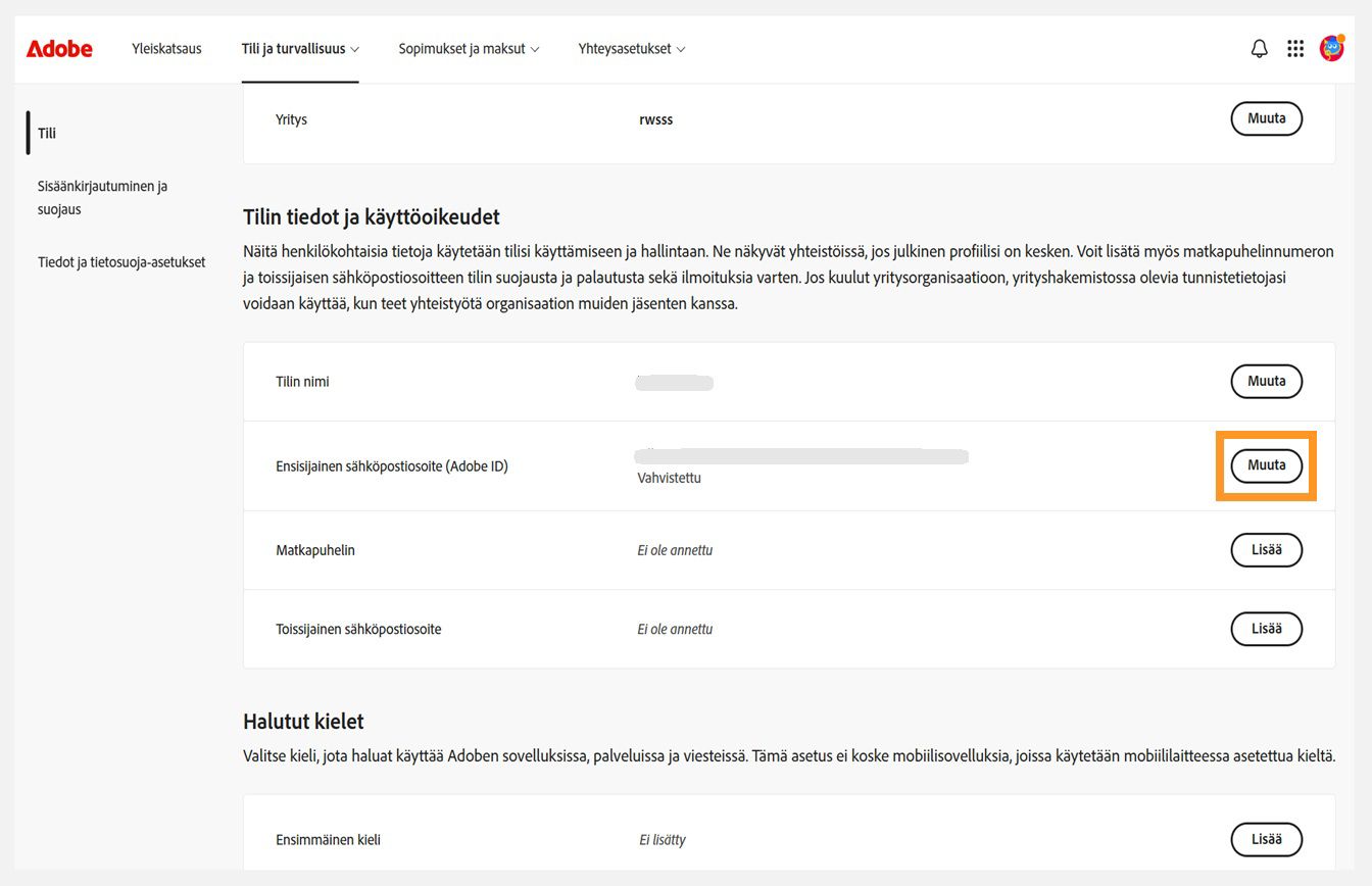 Tili ja suojaus -välilehti, jonka Tilin tiedot ja käyttöoikeudet -osiossa näkyy korostettu Muuta-painike Ensisijainen sähköpostiosoite (Adobe ID) -kohdan vieressä.