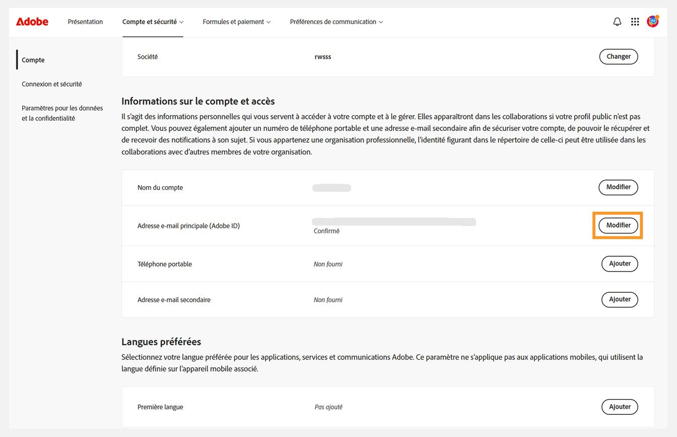 L’onglet Compte et sécurité, où le bouton Modifier pour Adresse e-mail principale (Adobe ID) est mis en surbrillance sous Informations sur le compte et accès.