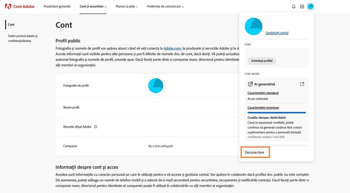Pictograma cont, disponibilă în colțul din dreapta sus al ferestrei contului dvs. Adobe, oferă opțiunea de a vă deconecta de la contul Adobe.