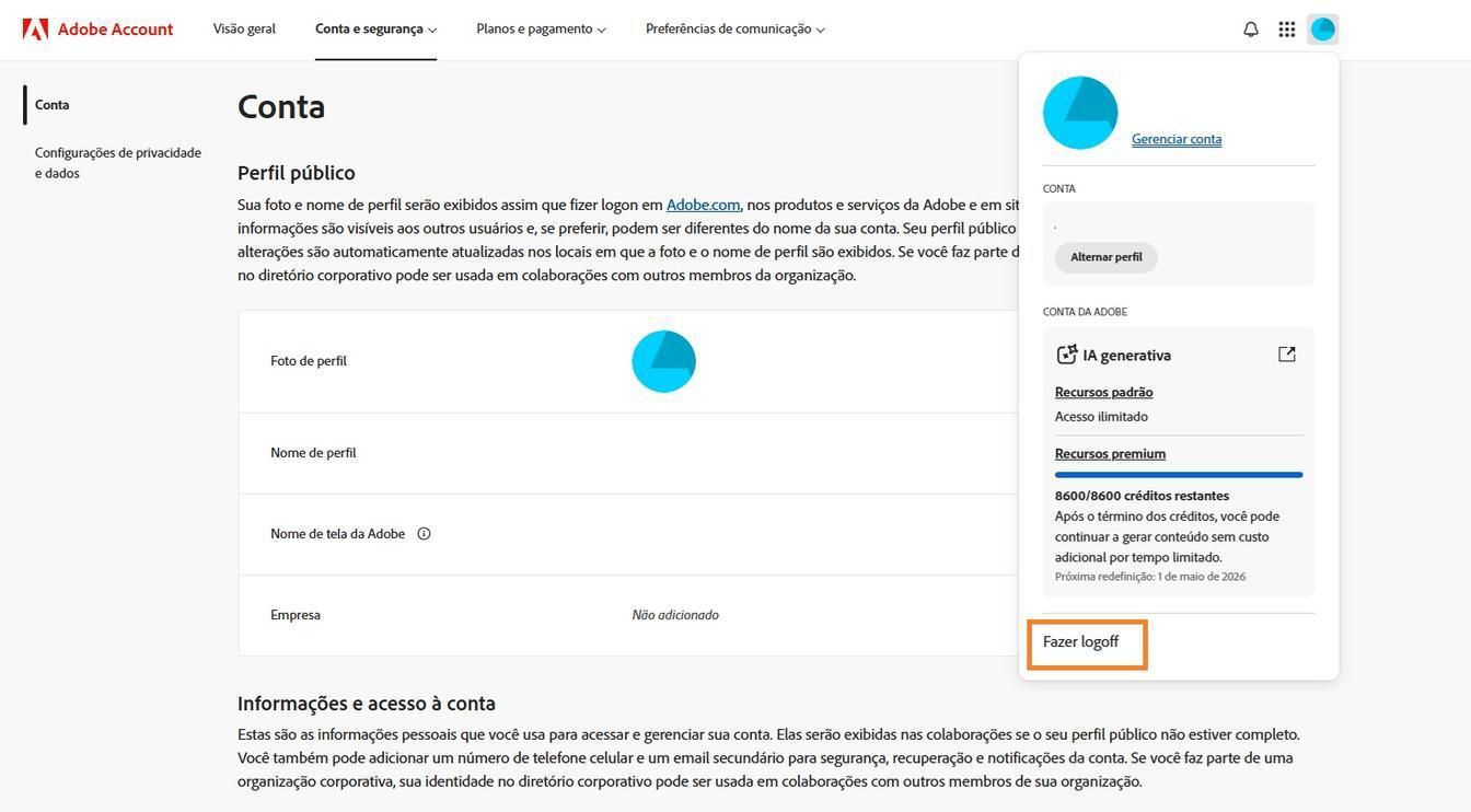 O ícone Conta, disponível no canto superior direito da janela da sua conta da Adobe, oferece a opção de sair da sua conta da Adobe.