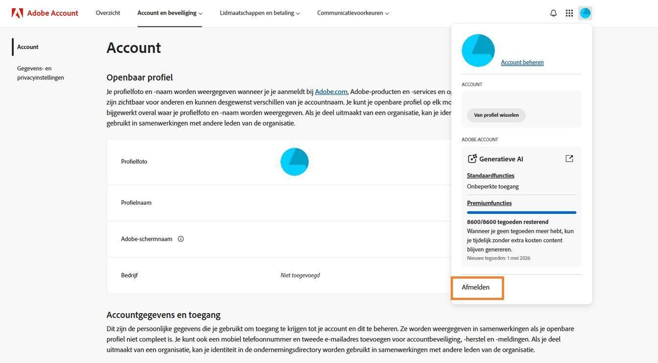 Het Account-pictogram, beschikbaar in de rechterbovenhoek van je Adobe-accountvenster, biedt de optie om af te melden van je Adobe-account.