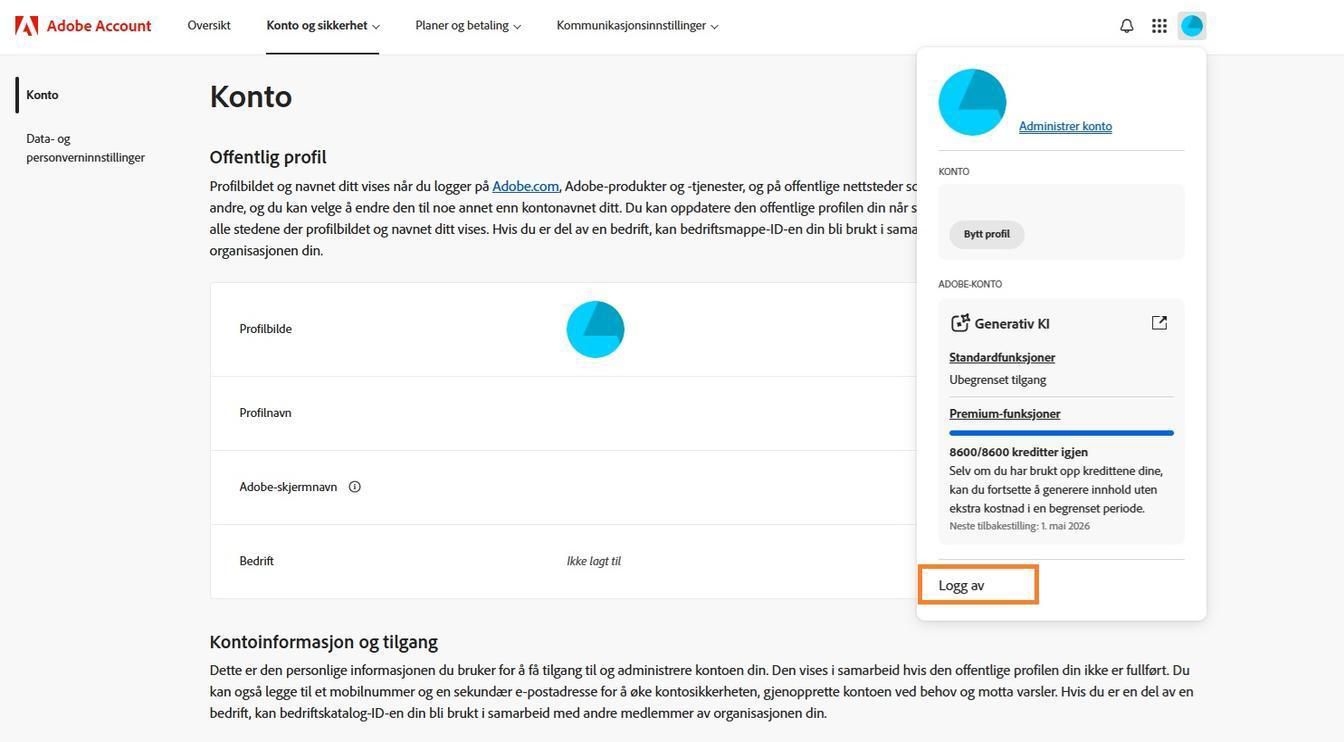 Konto-ikonet, som er tilgjengelig øverst til høyre i Adobe-kontovinduet ditt, gir muligheten til å logge av Adobe-kontoen din.