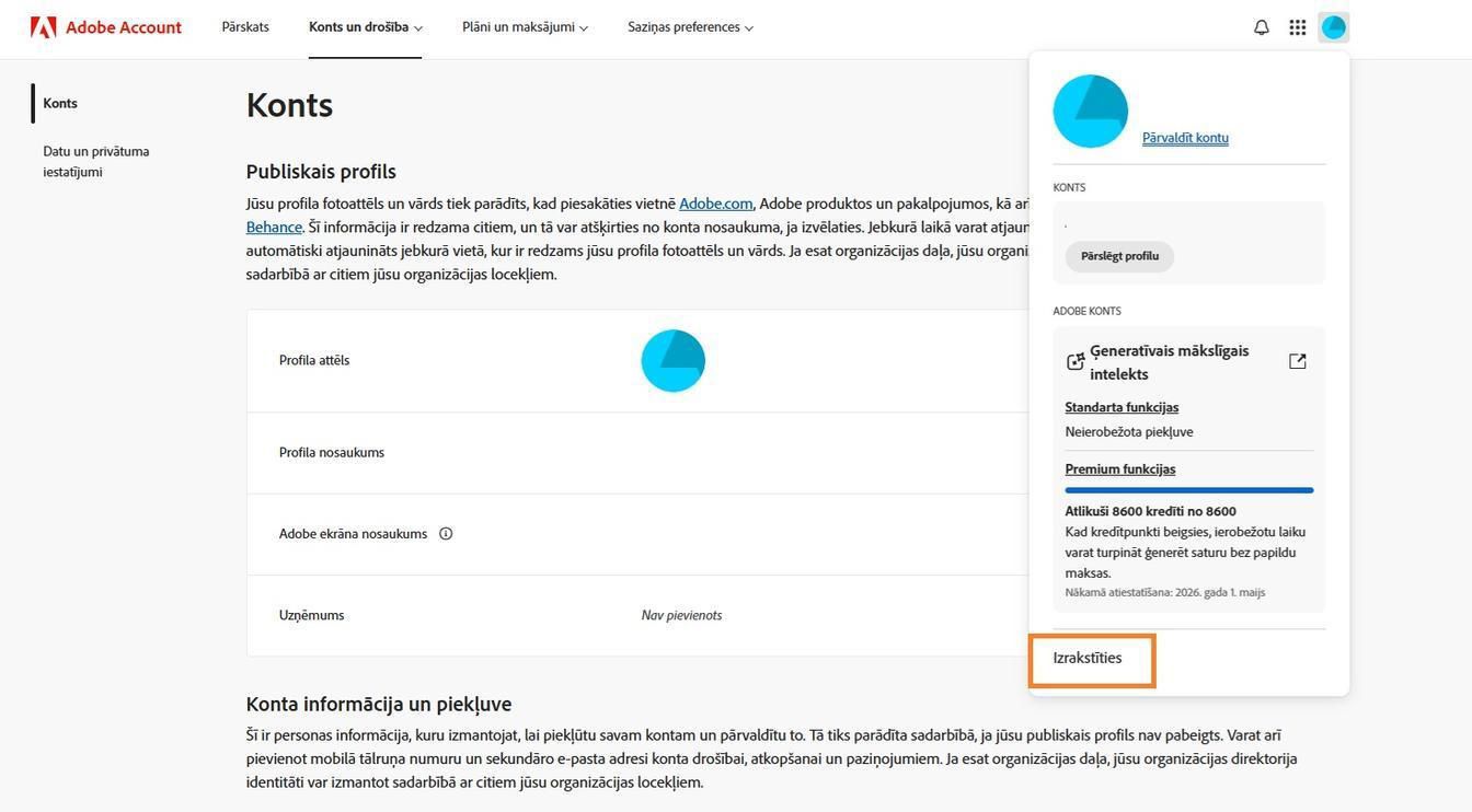 Konta ikona, kas pieejama jūsu Adobe konta loga augšējā labajā stūrī, nodrošina iespēju izrakstīties no Adobe konta.