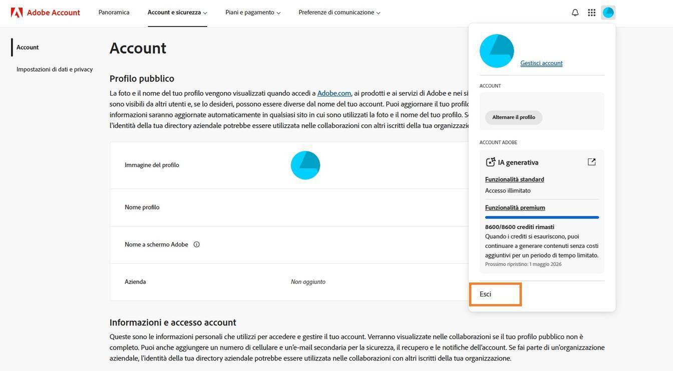 L'icona Account, disponibile nell'angolo in alto a destra della finestra del tuo account Adobe, fornisce l'opzione per uscire dal tuo account Adobe.