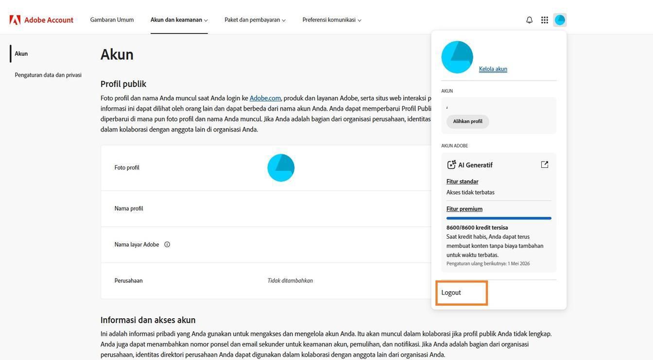 Ikon Akun, yang tersedia di sudut kanan atas jendela akun Adobe Anda, menyediakan opsi untuk keluar dari akun Adobe Anda.
