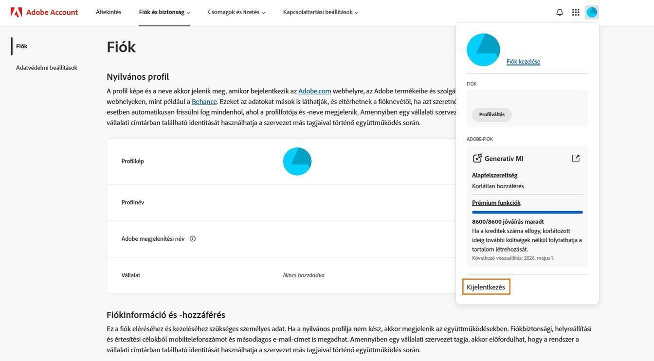 Az Adobe-fiók ablakának jobb felső sarkában található Fiók ikon segítségével kijelentkezhet az Adobe-fiókjából.