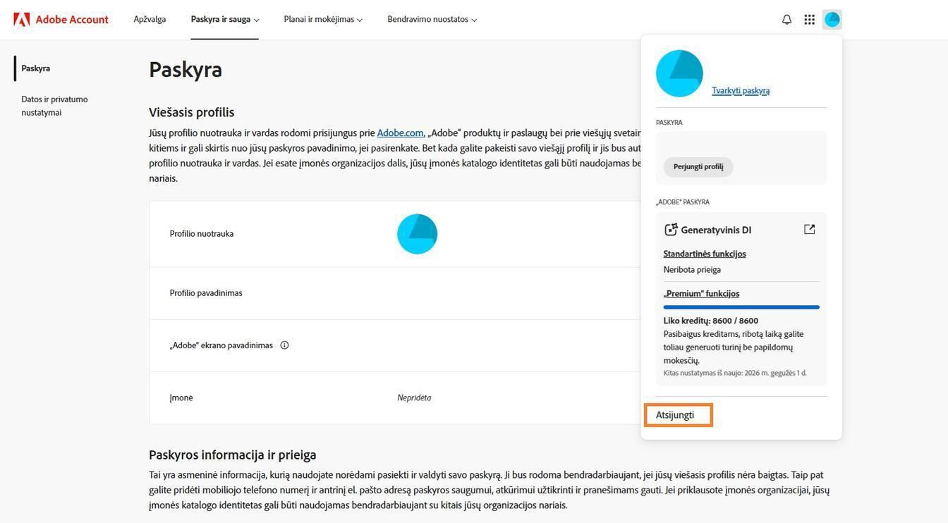 Adobe 계정 창의 상위 오른쪽 모서리에 있는 계정 아이콘은 Adobe 계정에서 로그아웃할 수 있는 옵션을 제공합니다. 