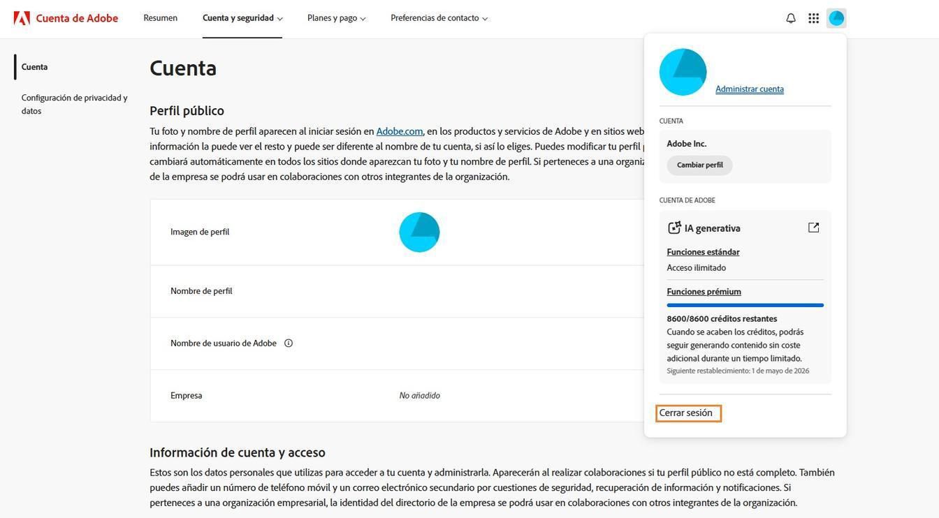 El icono Cuenta, disponible en la esquina superior derecha de la ventana de su cuenta de Adobe, proporciona la opción de cerrar sesión de su cuenta de Adobe. 