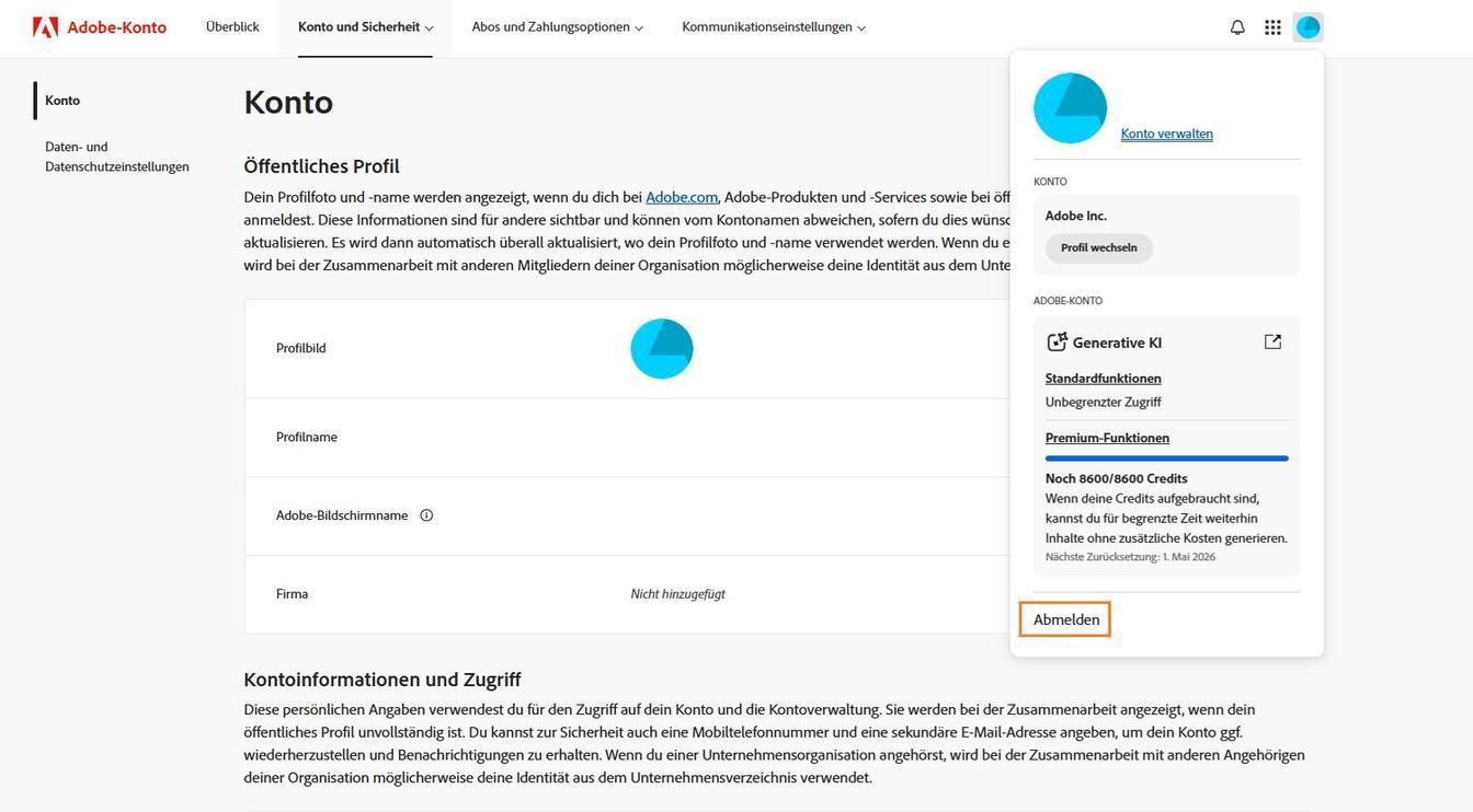 Das Konto-Symbol in der oberen rechten Ecke deines Adobe-Konto-Fensters bietet die Option, dich von deinem Adobe-Konto abzumelden. 