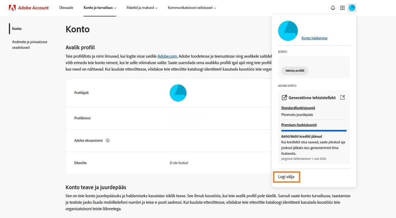 Konto ikoon, mis asub teie Adobe konto akna paremas ülanurgas, võimaldab Adobe kontost välja logida.