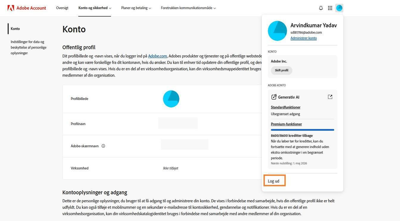 Konto-ikonet, der findes i øverste højre hjørne af dit Adobe-kontovindue, giver mulighed for at logge ud af din Adobe-konto.