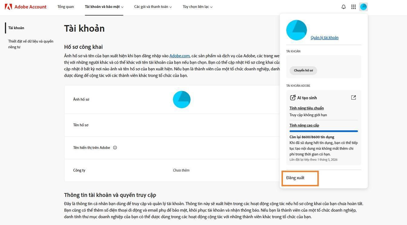 Biểu tượng Tài khoản, có sẵn ở góc trên bên phải của cửa sổ Tài khoản Adobe của bạn, cung cấp tùy chọn đăng xuất khỏi tài khoản Adobe của bạn. 