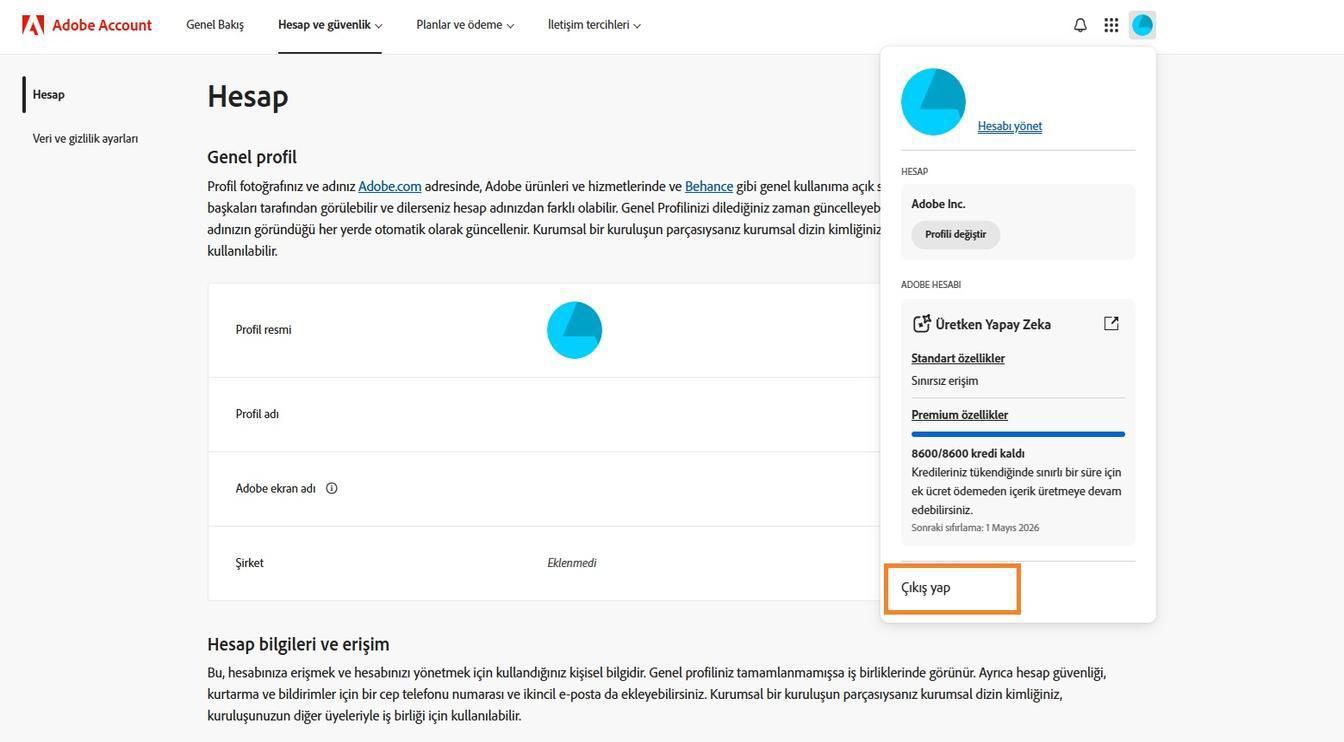 Adobe hesabı penceresinin sağ üst köşesinde bulunan Hesap simgesi, Adobe hesabınızdan çıkış yapma seçeneği sunar. 