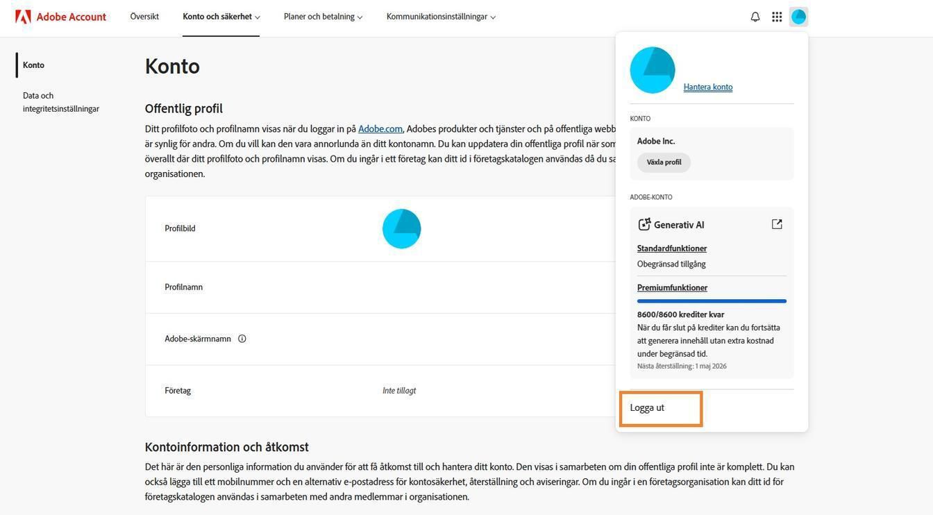 Ikonen Konto, som finns i det övre högra hörnet av ditt Adobe-kontofönster, ger dig möjlighet att logga ut från ditt Adobe-konto.