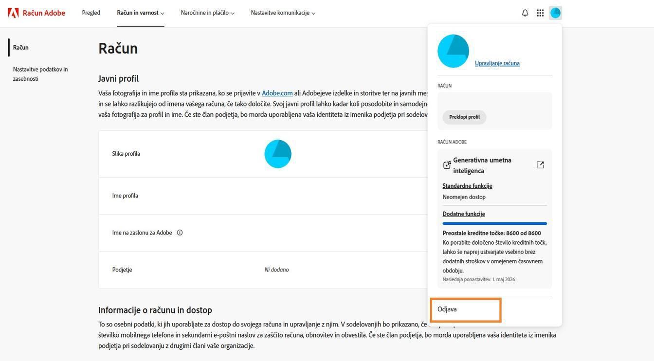 Ikona računa, ki je na voljo v zgornjem desnem kotu okna vašega računa Adobe, omogoča odjavo iz vašega računa Adobe. 