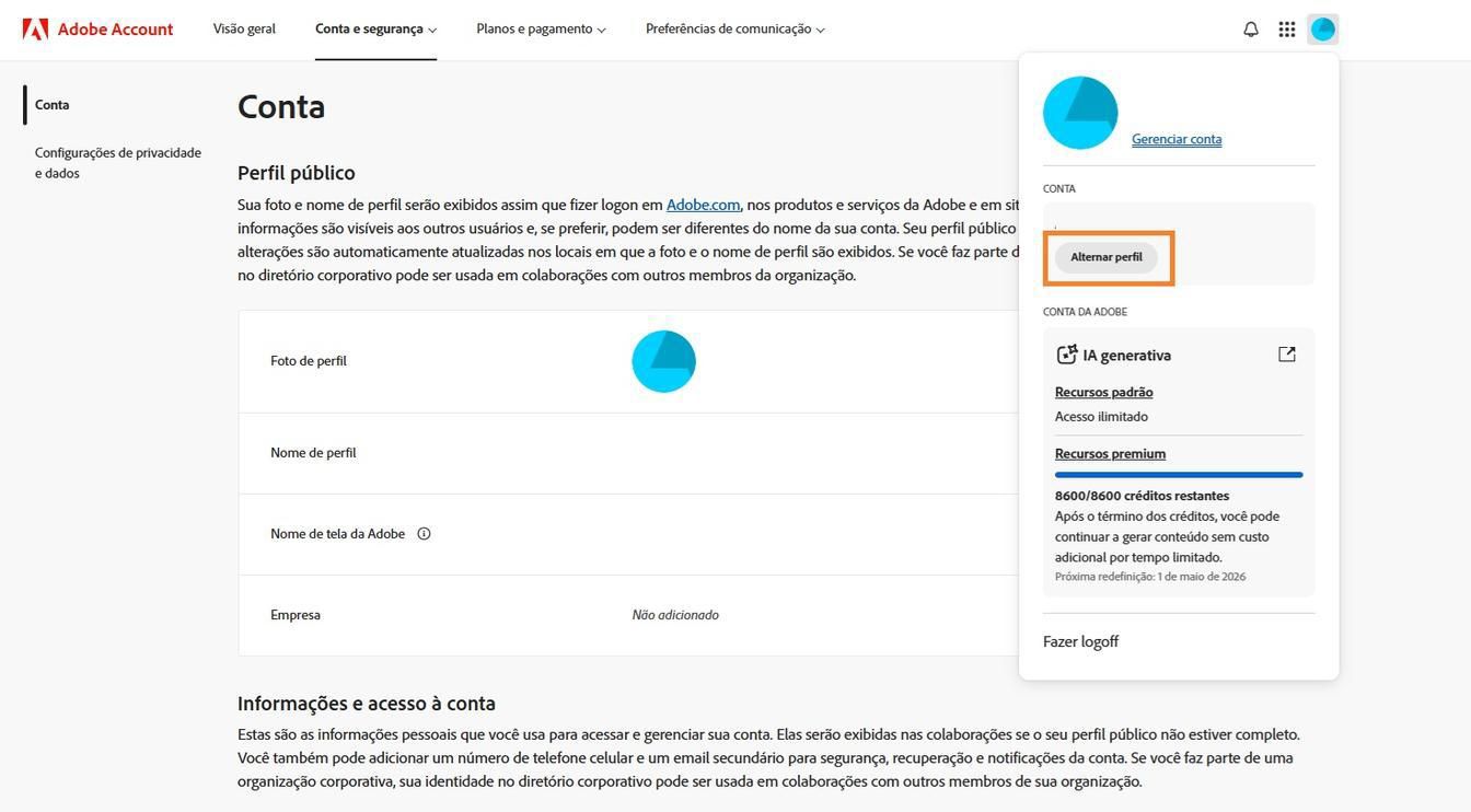 O ícone Conta, disponível no canto superior direito da janela da conta Adobe, oferece a opção de alternar o perfil da conta.