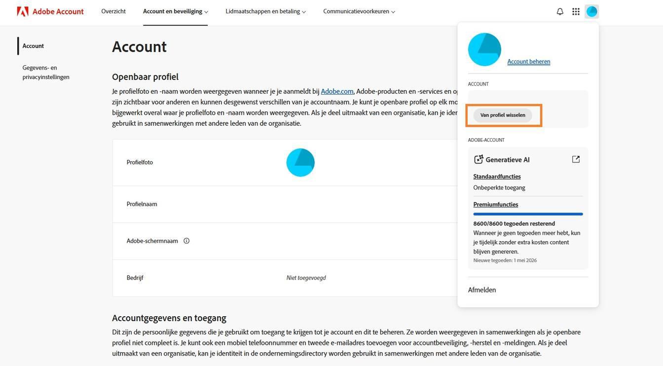 Het Account-pictogram, beschikbaar in de rechterbovenhoek van je Adobe account-venster, biedt de optie om je account-profiel te wisselen.