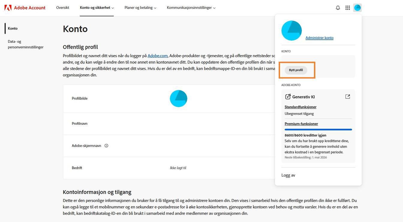 Account-ikonet, som er tilgjengelig øverst til høyre i Adobe-kontovinduet ditt, gir deg muligheten til å bytte kontoprofil.
