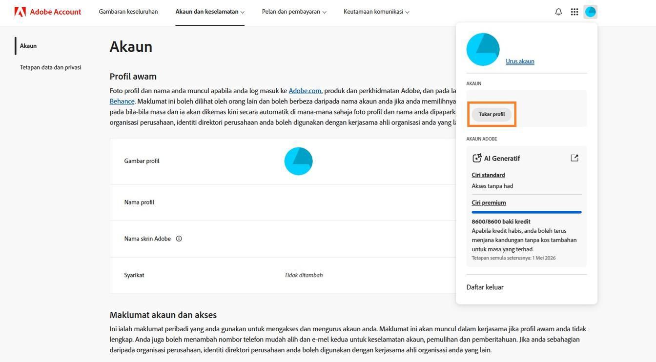 Ikon Akaun, tersedia di sudut kanan atas tetingkap akaun Adobe anda, menyediakan pilihan untuk menukar profil akaun anda.